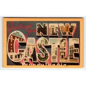 Vintage Large Letter Greetings from New Castle, Pennsylvania Linen Postcard